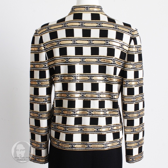St John Evening Jacket Embellished Knit Gold Black White Zip Front Vintage Sz 10 - Picture 10 of 11